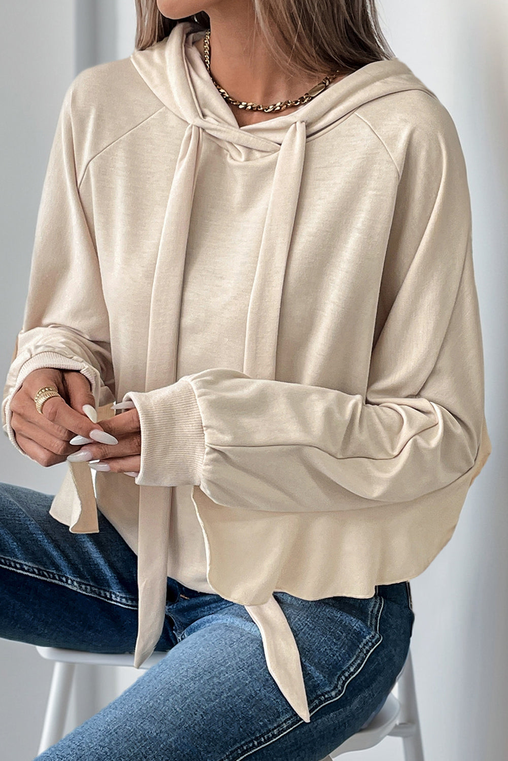 Beige Ruffle Edge Plain Drawstring Hoodie