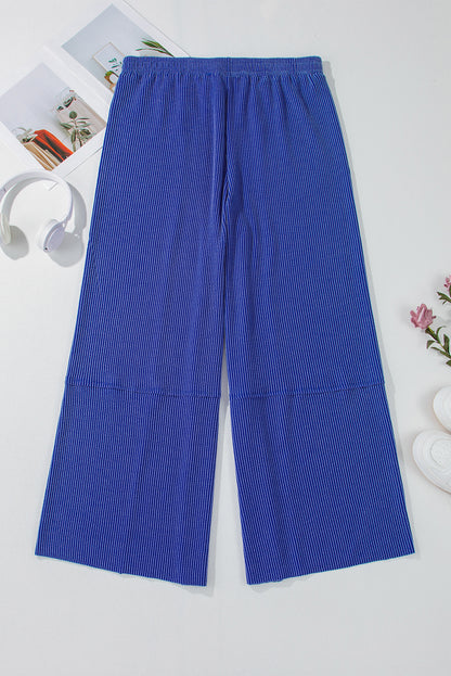 Sky Blue Corded Drawstring High Waist Pocket Plus Size Wide Leg Pants