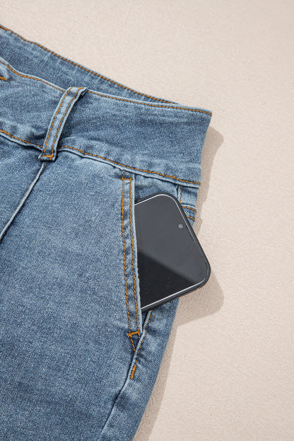 Dusk Blue Buttoned High Waist Piping Trim Flared Jeans