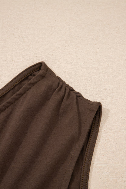 Coffee Plus Size Solid Color Asymmetric Neck Short Sleeve Blouse