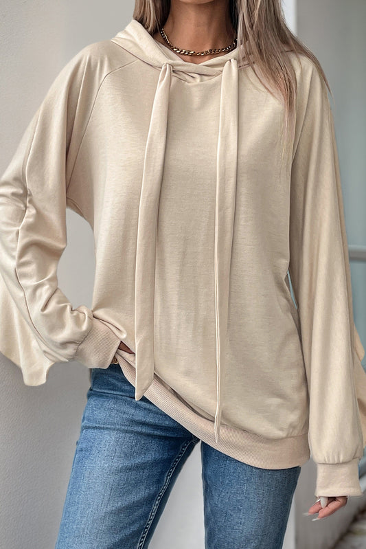 Beige Ruffle Edge Plain Drawstring Hoodie