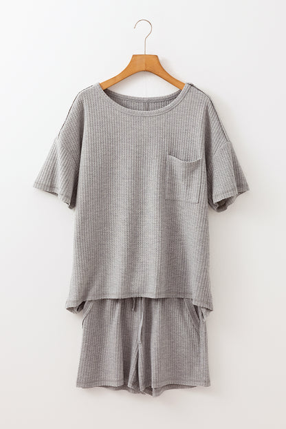 Gray Solid Color Waffle Knit T Shirt and Shorts Set