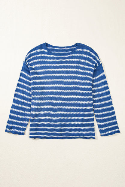 Sky Blue Striped Drop Shoulder Plus Size Sweater