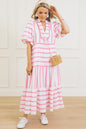Sky Blue Stripe Ricrac Trim Notched Neck Half Sleeve Vacation Dress