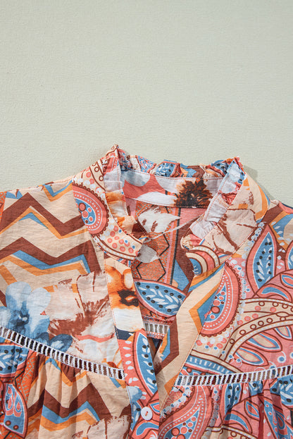 Orange Floral Print Shirred Cuff Buttoned Loose Fit Shirt