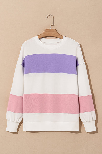 Beige Colorblock Patchwork Drop Shoulder Crewneck Sweatshirt