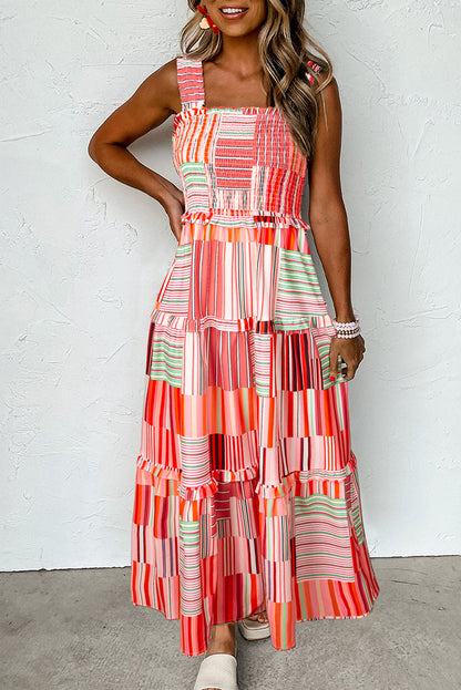 Carrot Mix Striped Wide Straps Smocked Tiered Maxi Dress