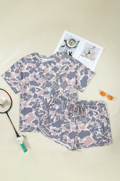 Multicolour Plus Size Camouflage Print Casual Tee and Shorts Set