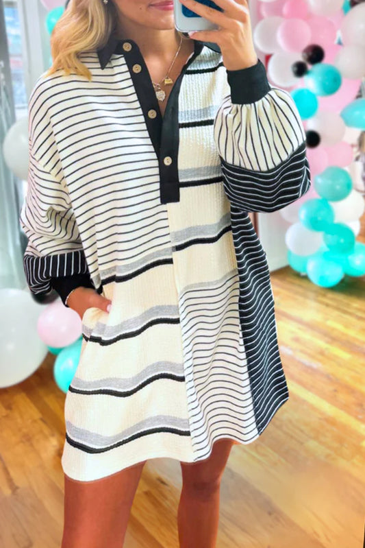 Black Stripe Colorblock Long Sleeve Collar Half Buttons Mini Dress