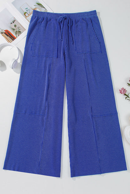 Sky Blue Corded Drawstring High Waist Pocket Plus Size Wide Leg Pants