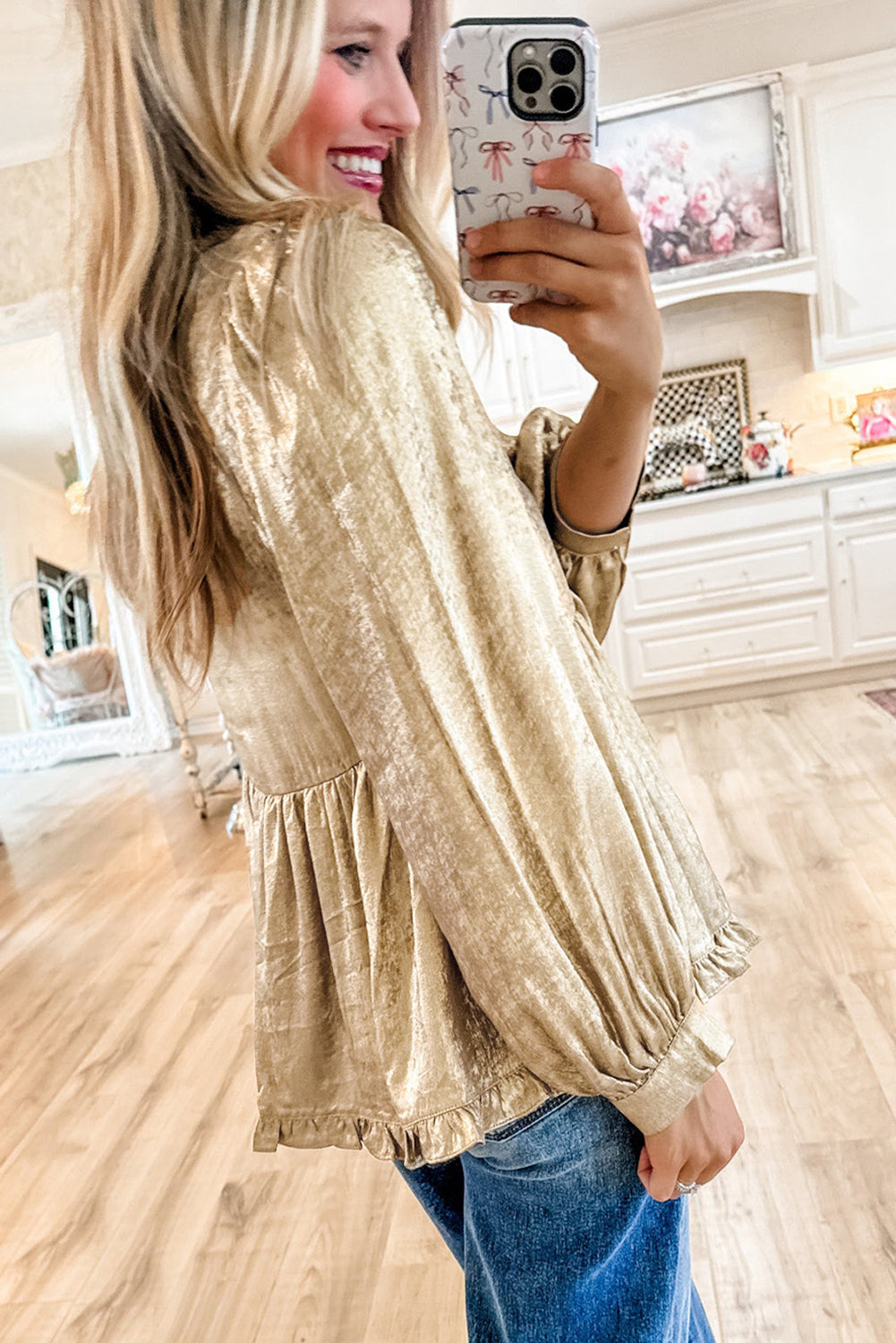 Gold Metallic Velvet Frill V Neck Puff Sleeve Babydoll Blouse