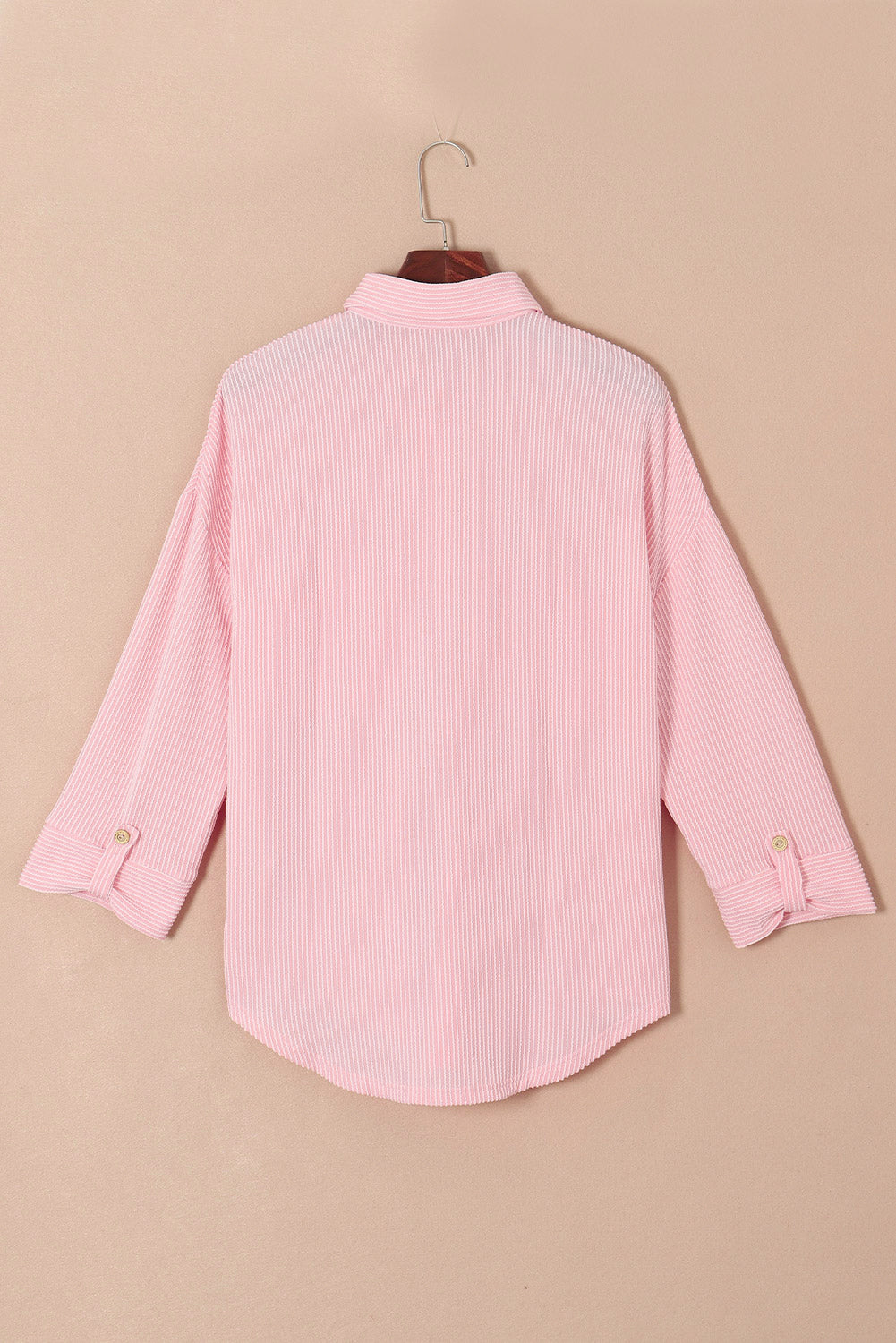 Pink Solid Color Textured Roll Tab Sleeve Shirt Shacket