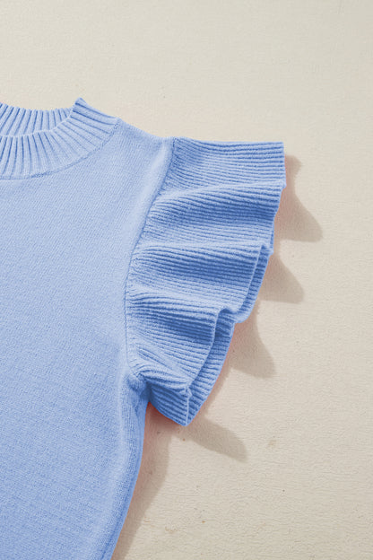 Bright Green Solid Color Ribbed Trim Round Neck Ruffle Short Sleeve Sweater