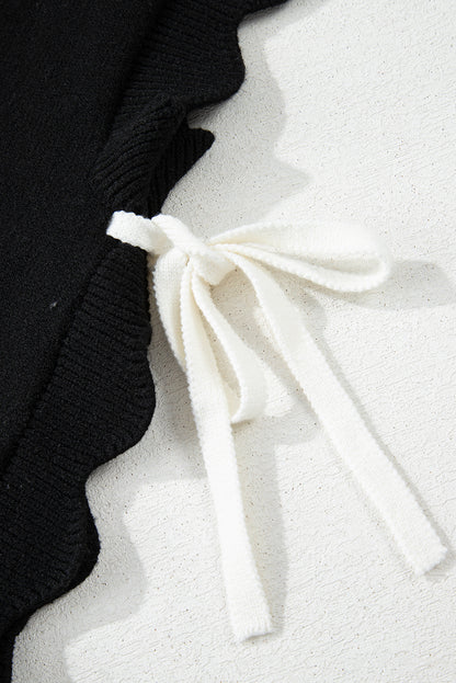Black Bow Print Side Tie Scalloped Hem Knit Top