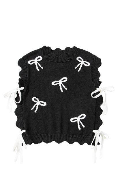 Black Bow Print Side Tie Scalloped Hem Knit Top