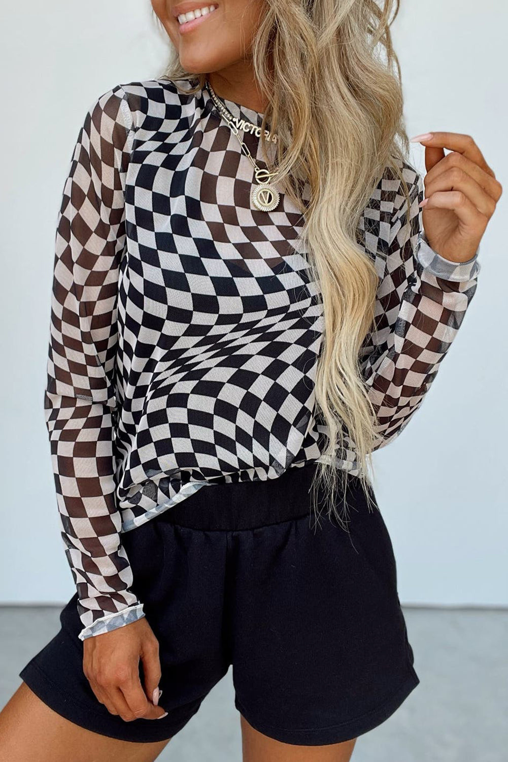 Khaki Checkered Pattern Mesh Long Sleeve Top