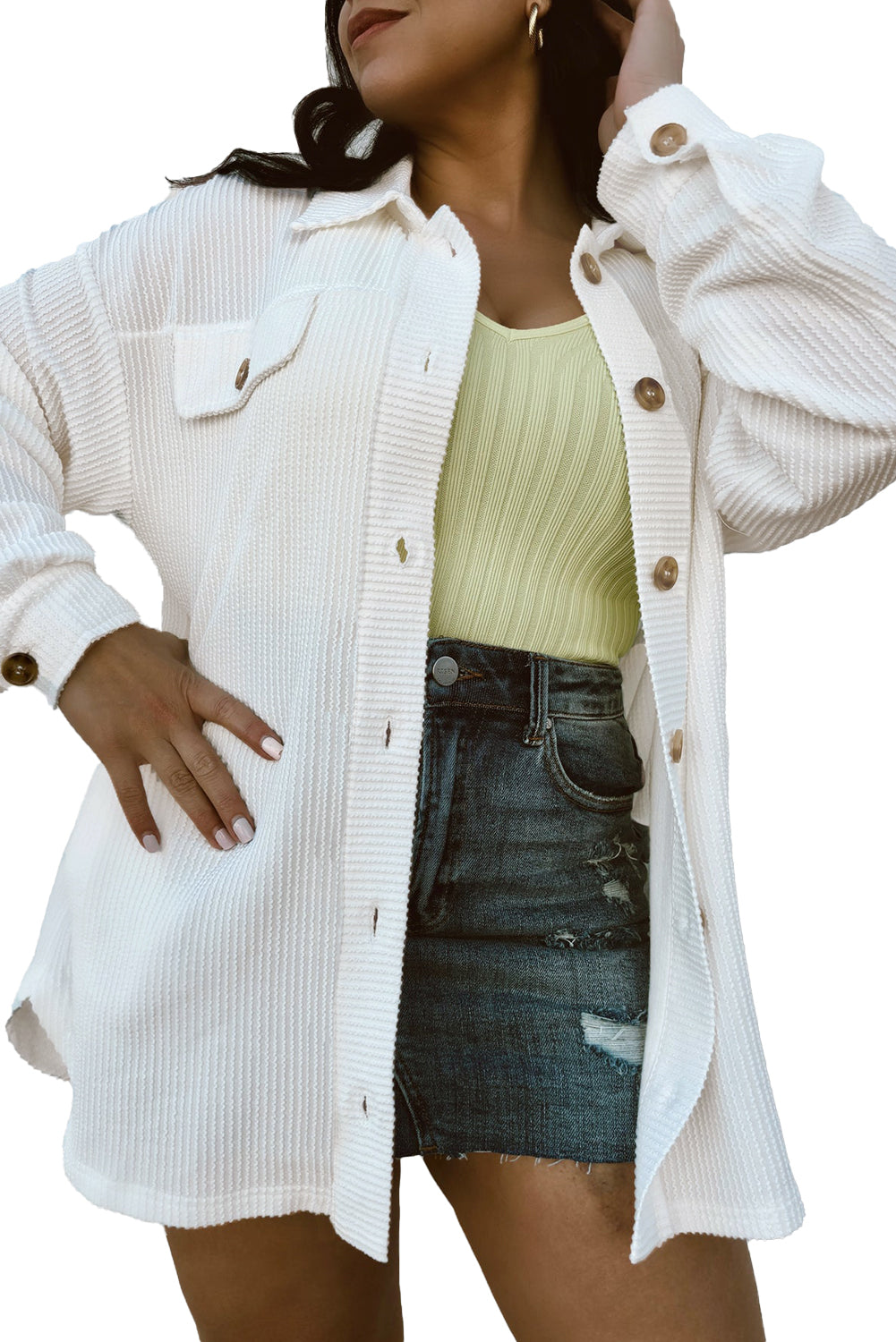 White Solid Corded Drop Shoulder Plus Size Shacket