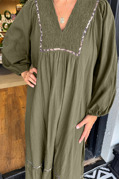 Black Collared V Neck Shirred Detail Contrast Leopard Trim Long Dress