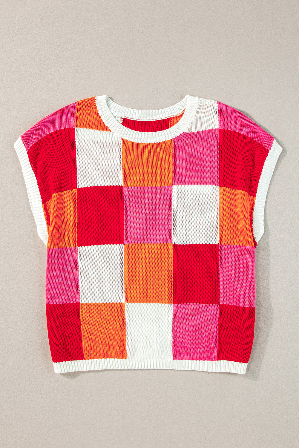 Grapefruit Orange Checkered Color Block Cap Sleeve Knitted Top