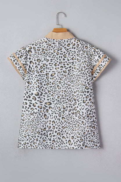 White Leopard Printed Color Block Patchwork V Neck Cap Sleeve Blouse