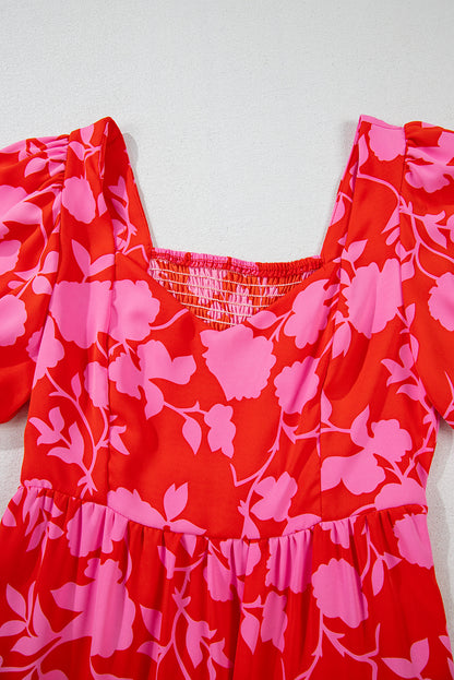 Red Floral Bubble Sleeve Sweetheart Neck Ruffled Mini Dress