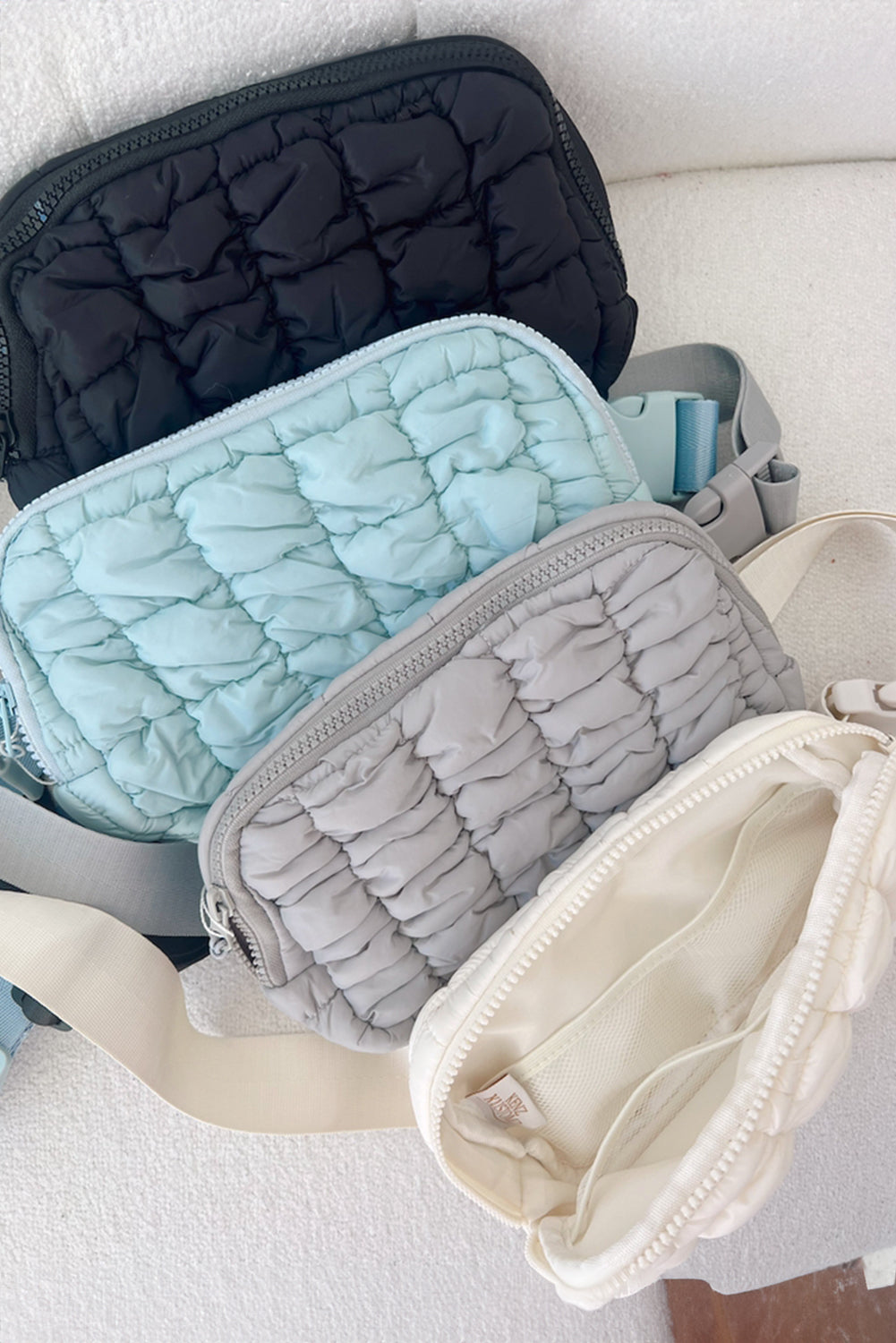 White Quilted Puffer Belt Zipper Crossbody Bags