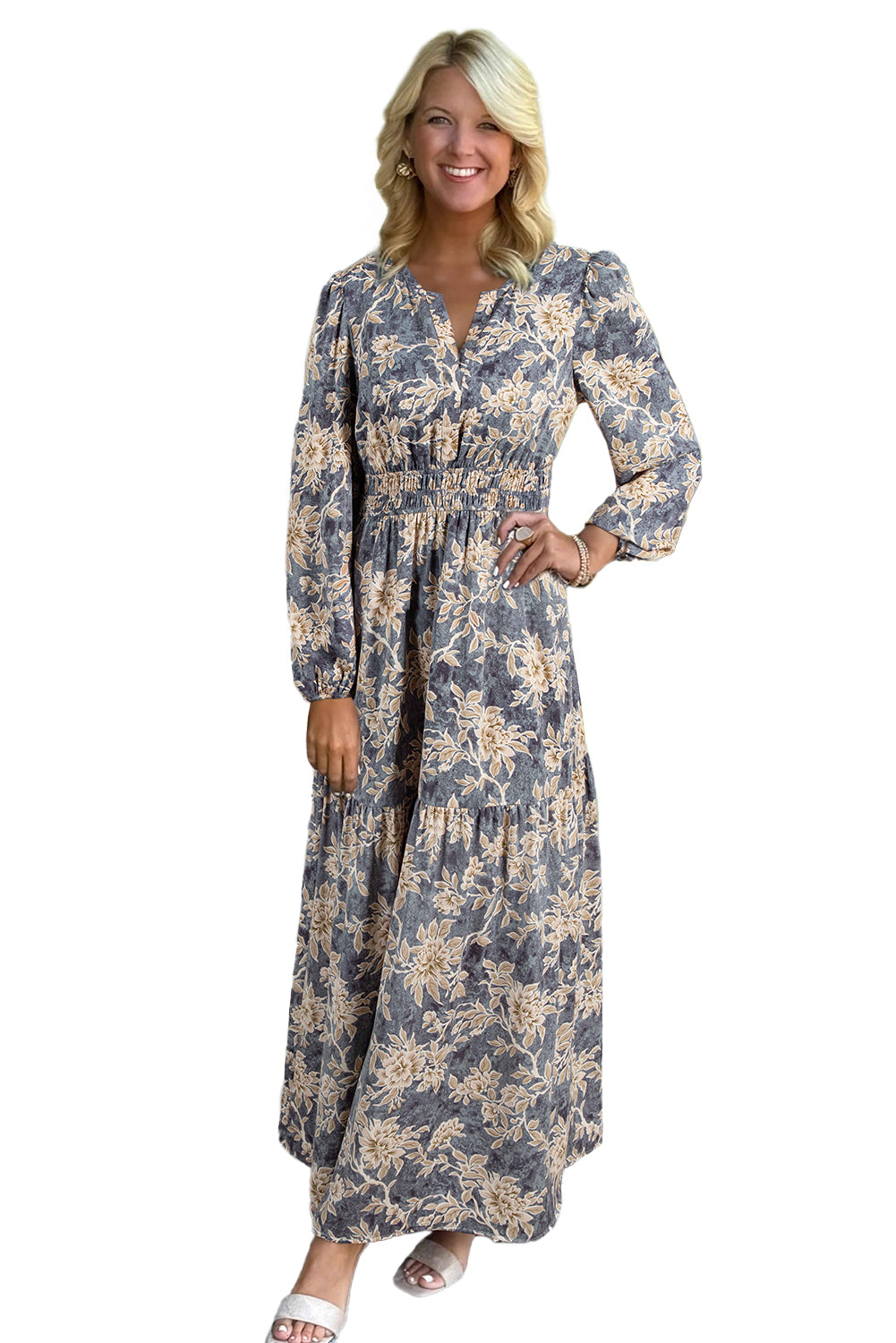 Sky Blue Floral Print Smocked High Waist Long Sleeve Maxi Dress