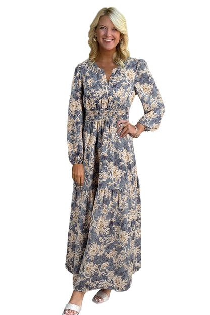 Sky Blue Floral Print Smocked High Waist Long Sleeve Maxi Dress