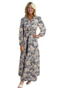Sky Blue Floral Print Smocked High Waist Long Sleeve Maxi Dress