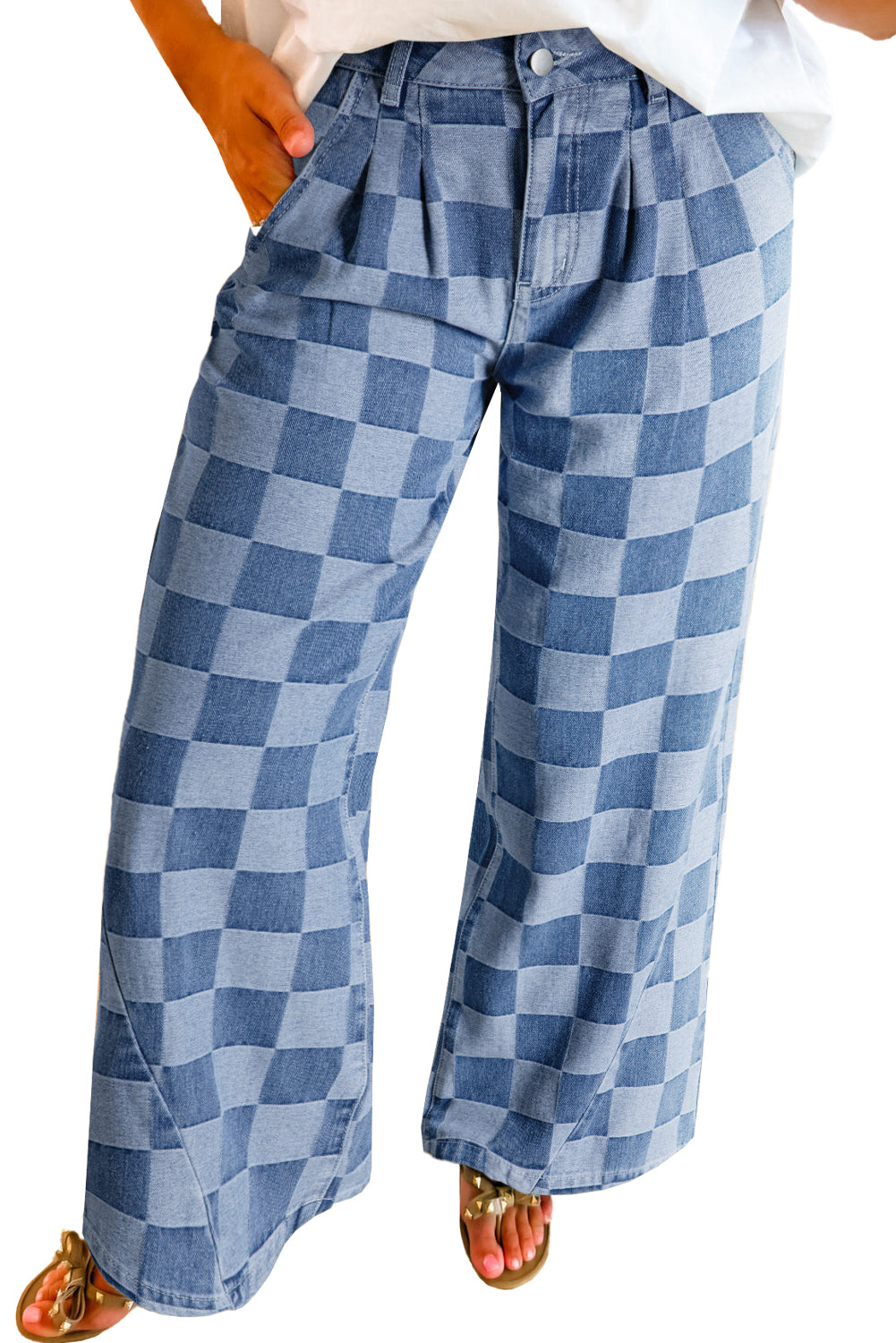 Dusk Blue Checkered Light Washed Wide Leg Jeans