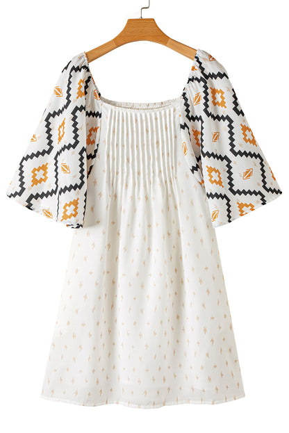 Beige Geometric Print Pleated Square Neck Loose Mini Dress