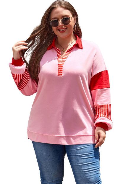 Rose Striped Patchwork Side Split Collared Plus Size Sweatshirt