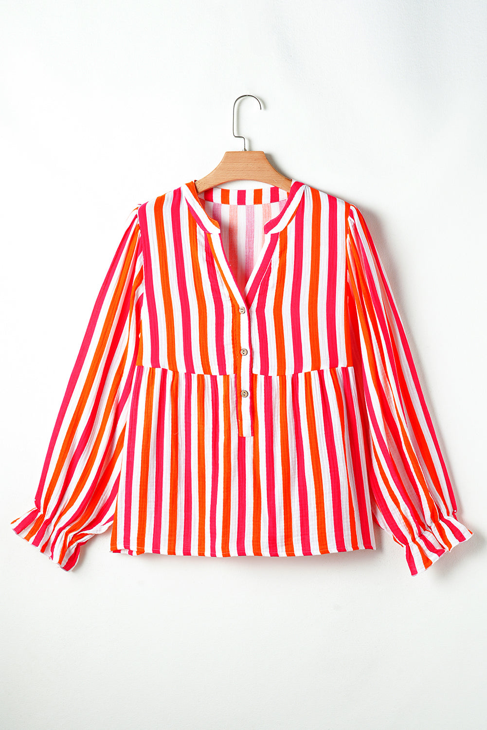 Orange Stripe Balloon Sleeve Notched V Neck Blouse