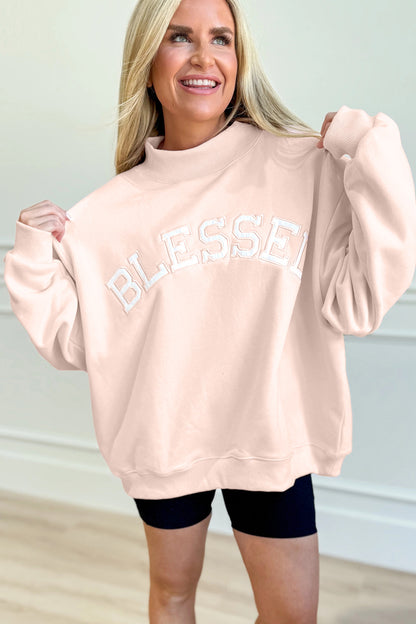 Bright Pink Oversize Blessed Embroidered Mock Neck Sweatshirt