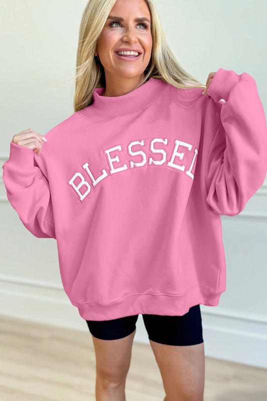 Bright Pink Oversize Blessed Embroidered Mock Neck Sweatshirt