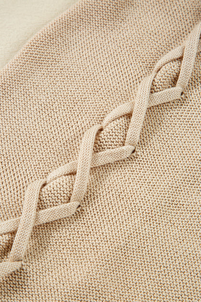 Parchment Cable Knit Braided Tie Sleeve Plus Size Knit Cardigan