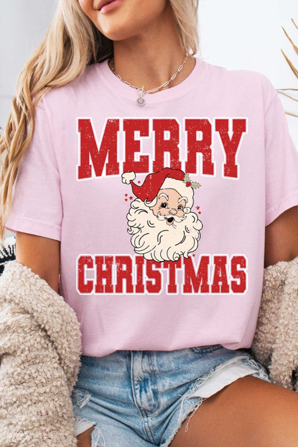 Pink MERRY CHRISTMAS Santa Claus Printed Round Neck T Shirt