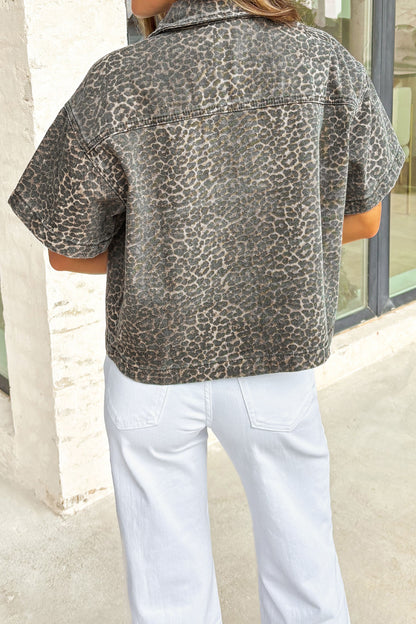 Gray Vintage Leopard Print Short Sleeve Loose Cotton Denim Shirt