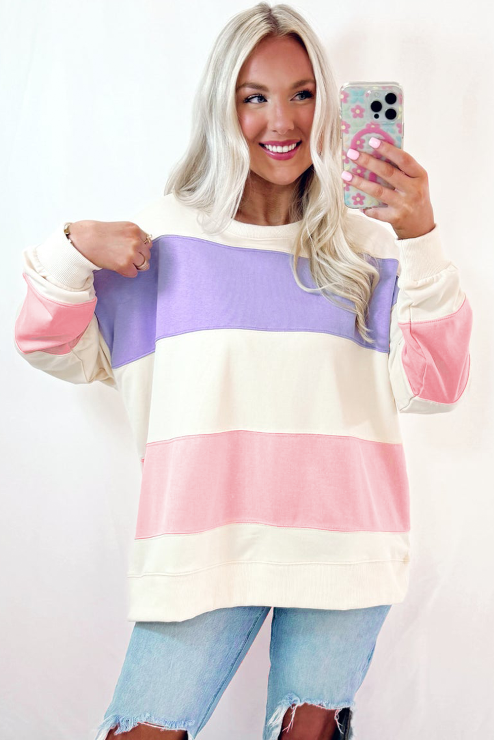 Beige Colorblock Patchwork Drop Shoulder Crewneck Sweatshirt