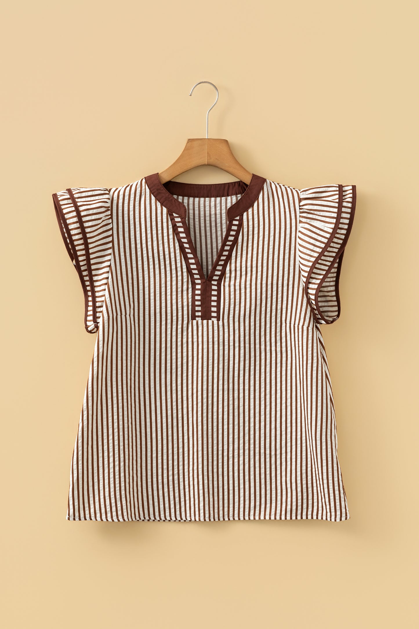 Black Stripe Double Ruffled Short Sleeve V Neck Blouse