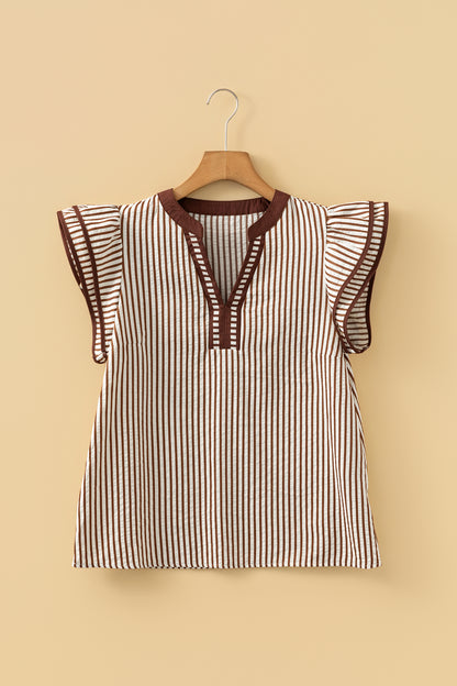 Black Stripe Double Ruffled Short Sleeve V Neck Blouse
