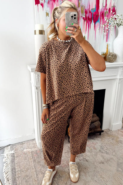 Brown Leopard Loose Tee Drawstring Waist Barrel Pants Set