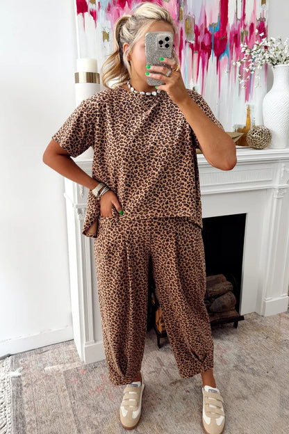 Brown Leopard Loose Tee Drawstring Waist Barrel Pants Set