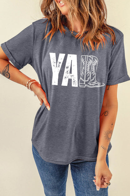 Gray Western YALL Boots Print Round Neck Casual T Shirt