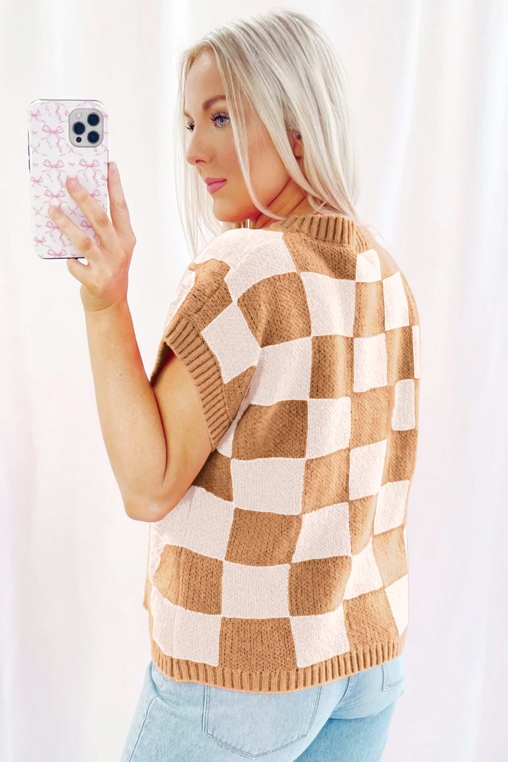 Light Beige Colorblock Checkered Knit Dolman Tee