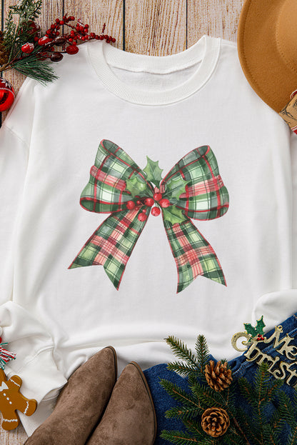 Beige Plaid Bow Graphic Christmas Crewneck Sweatshirt