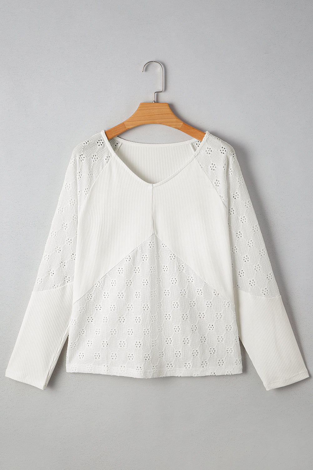 White Twisted Rib Patchwork Floral Embroidered Loose Long Sleeve Top