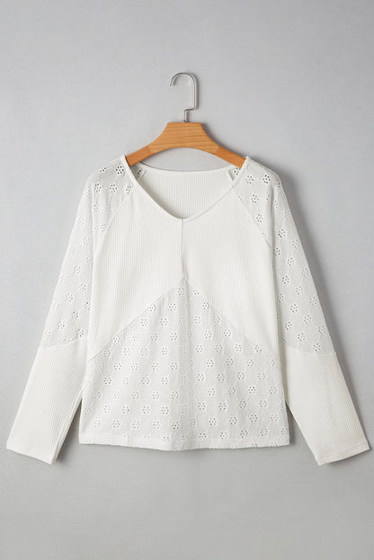 White Twisted Rib Patchwork Floral Embroidered Loose Long Sleeve Top