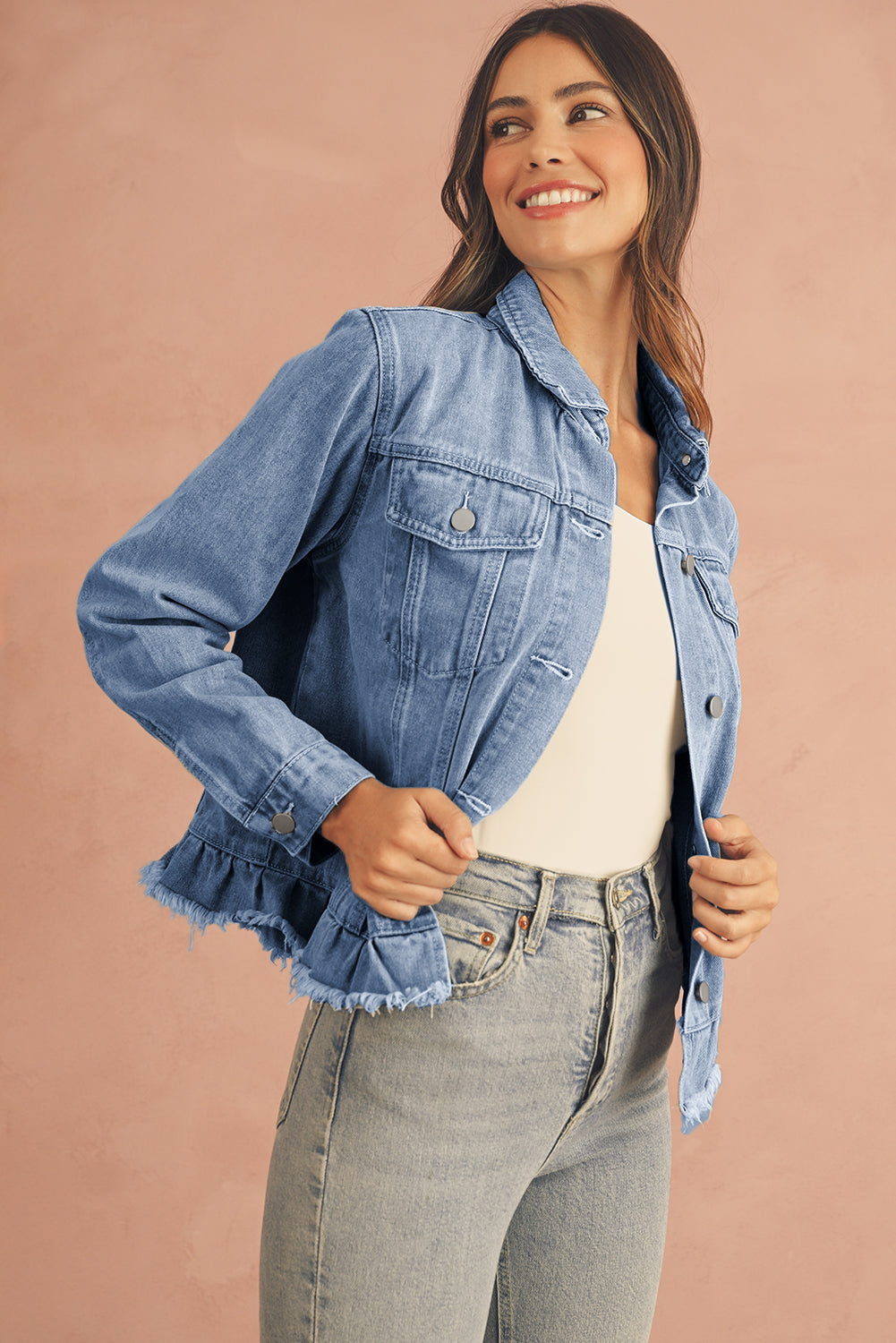 Navy Blue Ruffle Raw Hem Flap Pockets Denim Jacket