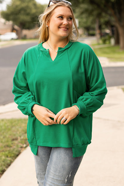 Bright Green Exposed Seam Notched Neck Plus Size Sweatshirt